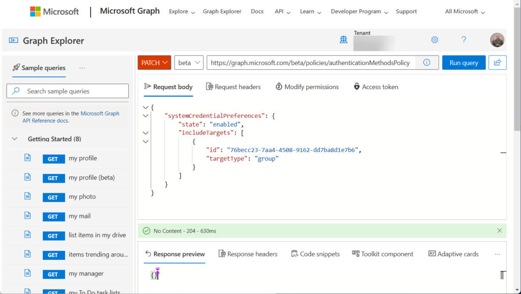 Patching the system-preferred authentication policy with the Graph Explorer