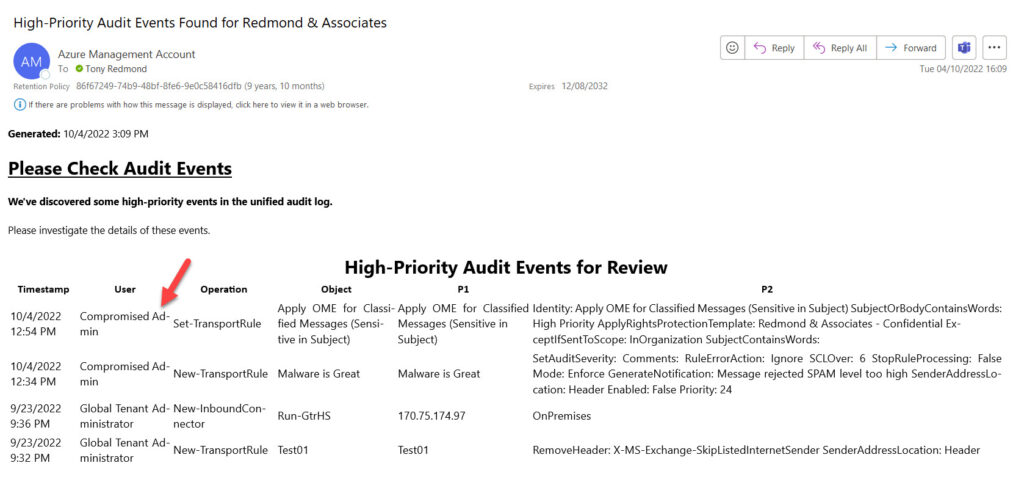 High-priority audit events reported by email