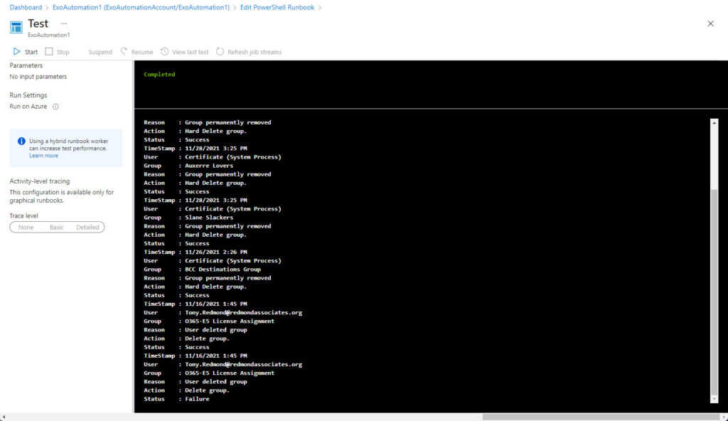 The runbook finishes and displays results Azure Automation