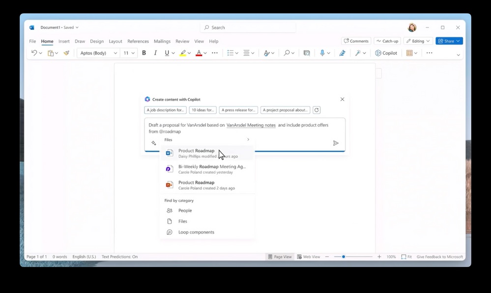 Microsoft 365 Copilot helps a user to draft a proposal based on meeting notes (source: Microsoft)