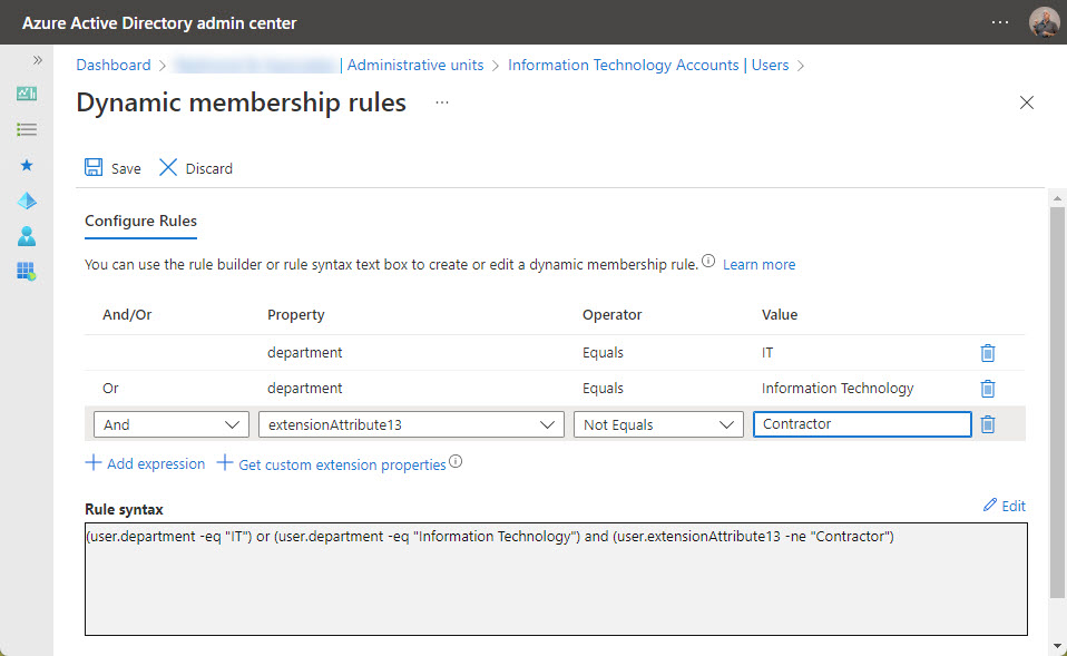 Constructing membership rules for a dynamic Azure AD administrative unit