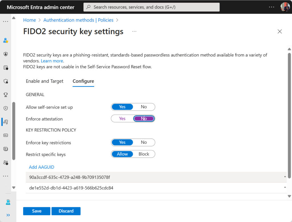 FIDO2 authentication method settings in the Entra admin center.