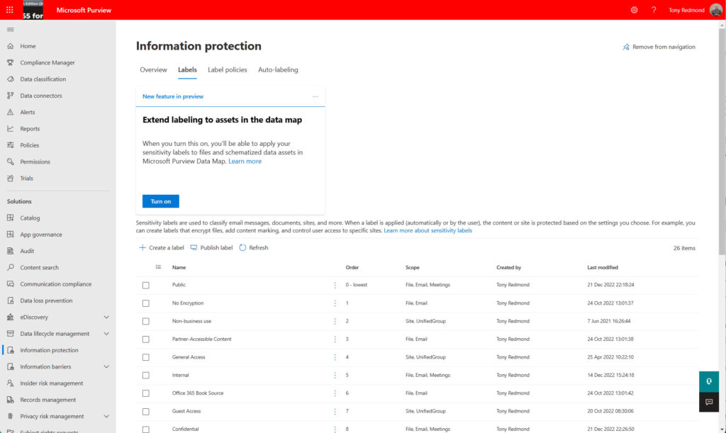 Microsoft Purview compliance portal displays a set of sensitivity labels