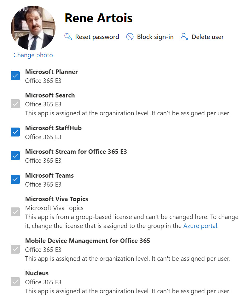 Service plans for an account with an Office 365 E3 license