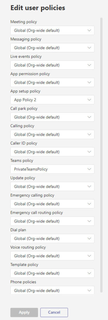 Editing the many policies assigned to a Teams user