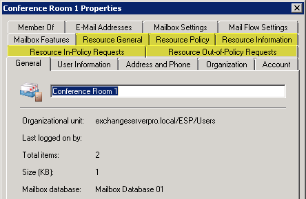 Exchange Server 2010 Room Mailbox Properties Exchange Server 2010 Room Mailbox Properties