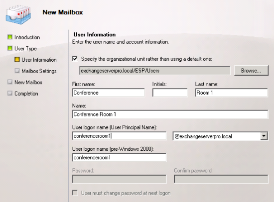 Enter User Information for the New Room Mailbox Enter User Information for the New Room Mailbox