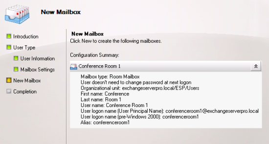 Complete the New Room Mailbox Wizard Complete the New Room Mailbox Wizard